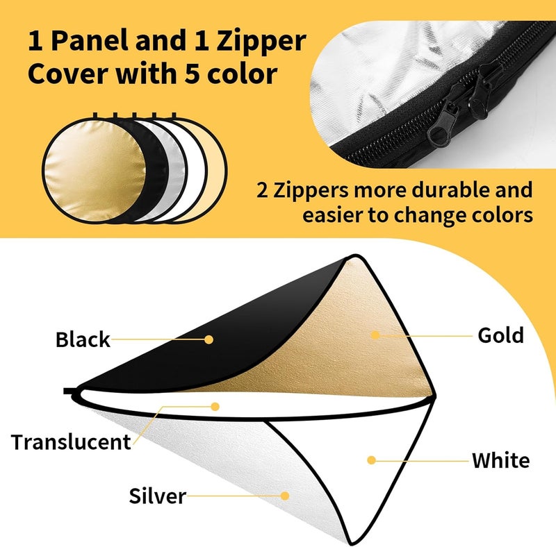 hellovetee 24/32/43/52in Light Reflectors for Photography with 5 in 1 Light Diffuser Panel &Bag,Photography Reflector Ideal for Content Creator Essentials&Photographer in Silver,Gold,White and Black - Image 3